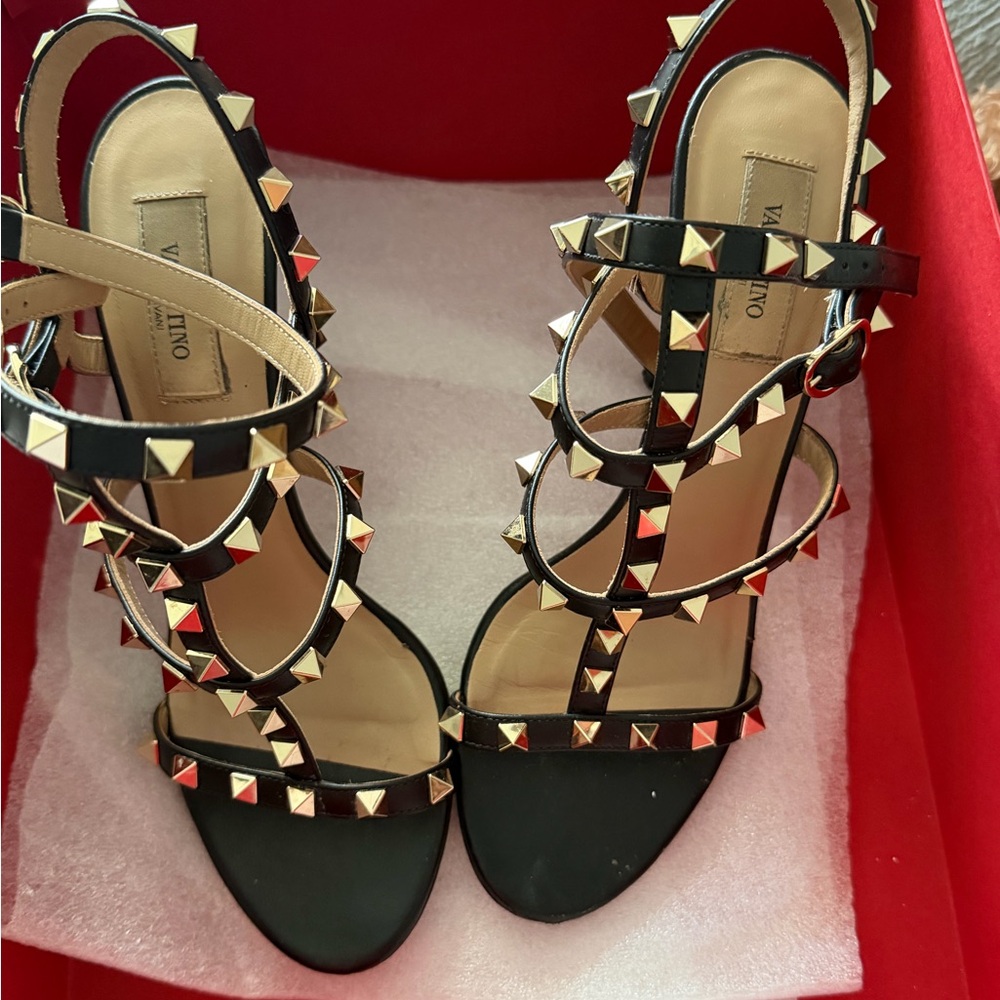 Valentino Black Leather Pyramid-Stud Strappy Heels